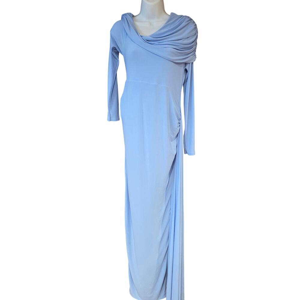 Club London Amara Blue Asymmetric-Neck Maternity Maxi Dress With Sash sz 4